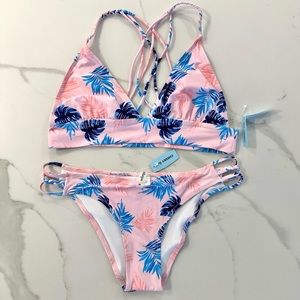 NWT Tropical Palm Trees Pink & Blue Bathing Suit Bikini Size Medium